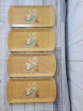 Vintage MCM Coronet Haskelite Lithograph Paper TV Trays w/ Swans, Lot of 4 wood